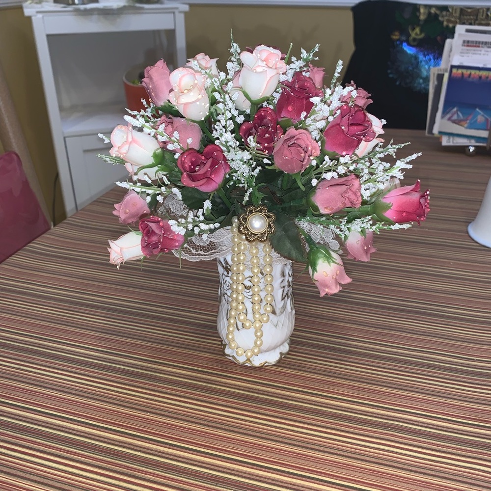 Vintage Fake Roses in Ceramic Vase